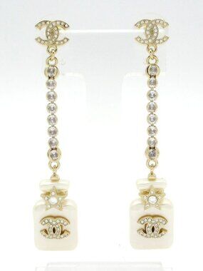 Chanel Earrings CC Logo Gold Ivory Clear Perfume Bottle Star Rhinestone